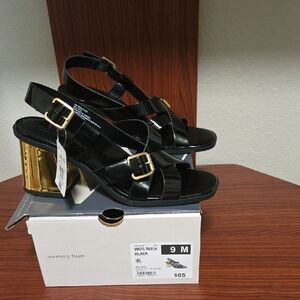 Worthington Black Strappy Heels with Gold Block